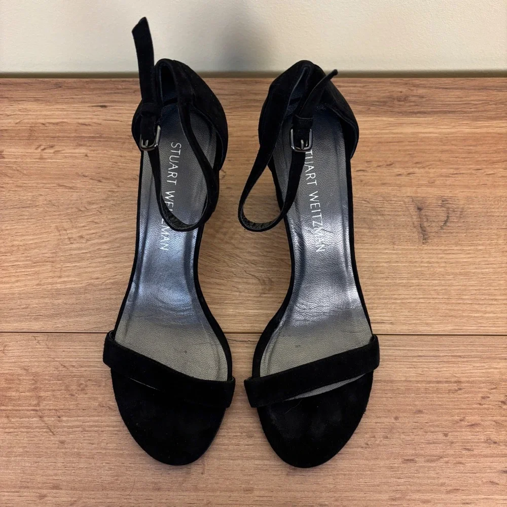 STUART WEITZMAN NearlyNude Heel Sandals Black Suede Women Size 7 Formal Open Toe